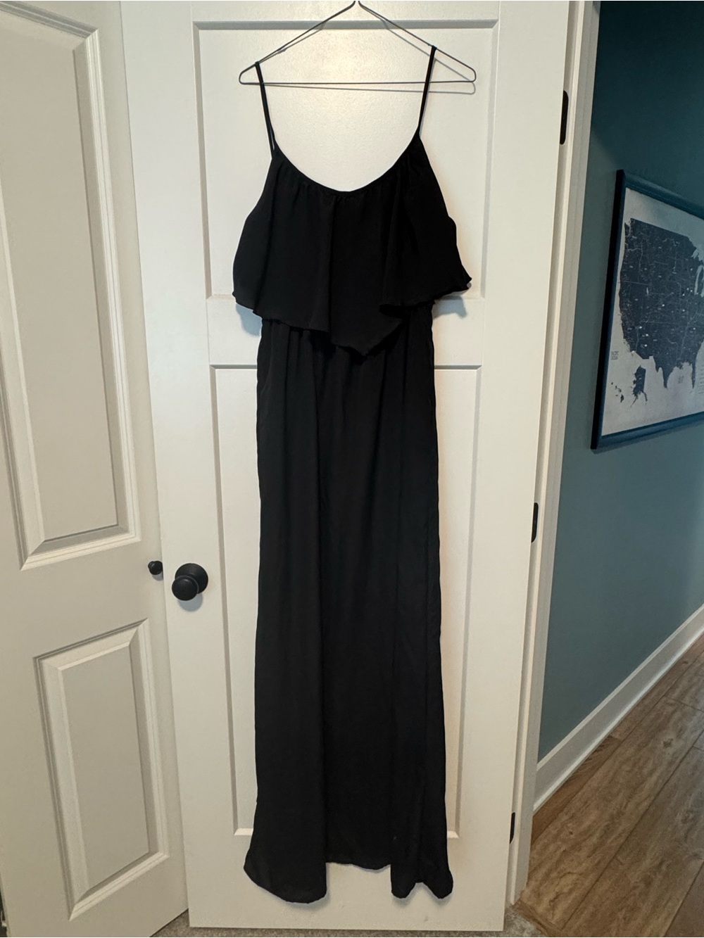 fab'rik Black Ruffle Maxi Dress with Spaghetti Straps